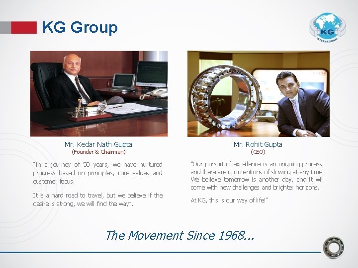 KG Group Mr. Kedar Nath Gupta Mr. Rohit Gupta (Founder & Chairman) (CEO) “In KG Group Mr. Kedar Nath Gupta Mr. Rohit Gupta (Founder & Chairman) (CEO) “In