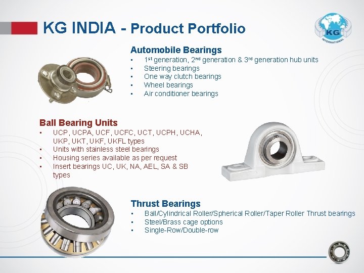 KG INDIA - Product Portfolio Automobile Bearings • • • 1 st generation, 2 KG INDIA - Product Portfolio Automobile Bearings • • • 1 st generation, 2