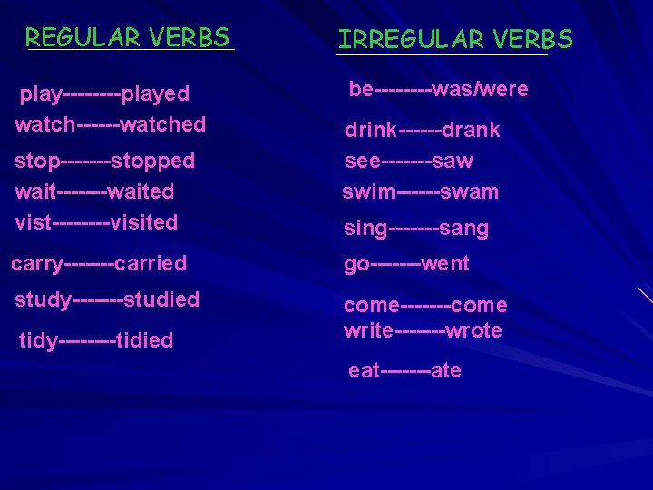 REGULAR VERBS play----played watch------watched stop-------stopped wait-------waited vist----visited IRREGULAR VERBS be----was/were drink------drank see-------saw swim------swam sing-------sang