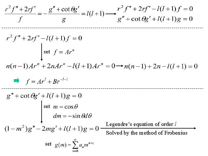 set Legendre’s equation of order l Solved by the method of Frobenius set 