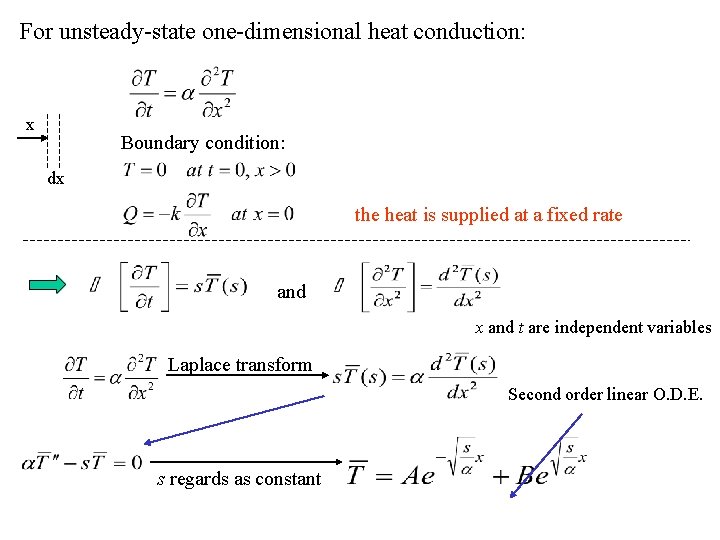 For unsteady-state one-dimensional heat conduction: x Boundary condition: dx the heat is supplied at