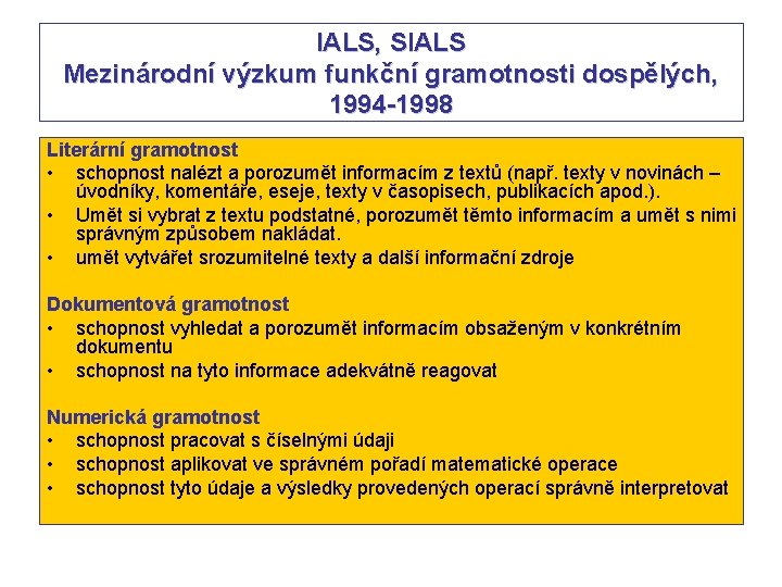 IALS, SIALS Mezinárodní výzkum funkční gramotnosti dospělých, 1994 -1998 Literární gramotnost • schopnost nalézt