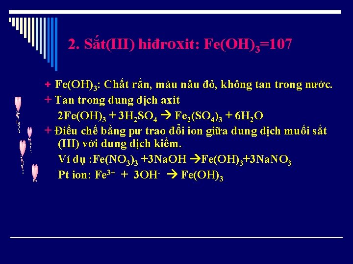 2. Sắt(III) hiđroxit: Fe(OH)3=107 + Fe(OH)3: Chất rắn, màu nâu đỏ, không tan trong