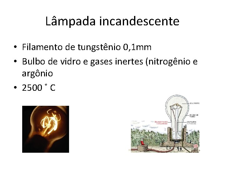 Lâmpada incandescente • Filamento de tungstênio 0, 1 mm • Bulbo de vidro e