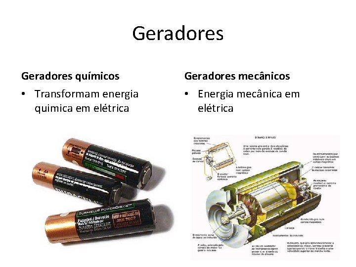 Geradores químicos Geradores mecânicos • Transformam energia quimica em elétrica • Energia mecânica em