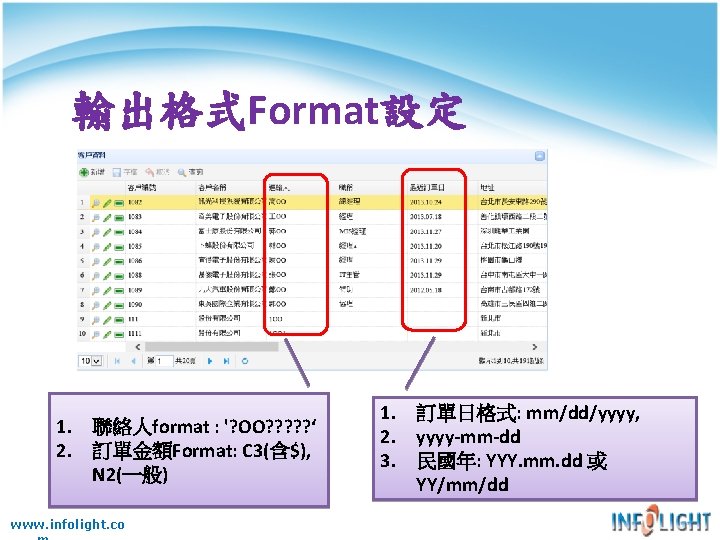 輸出格式Format設定 1. 聯絡人format : '? OO? ? ? ‘ 2. 訂單金額Format: C 3(含$), N 輸出格式Format設定 1. 聯絡人format : '? OO? ? ? ‘ 2. 訂單金額Format: C 3(含$), N