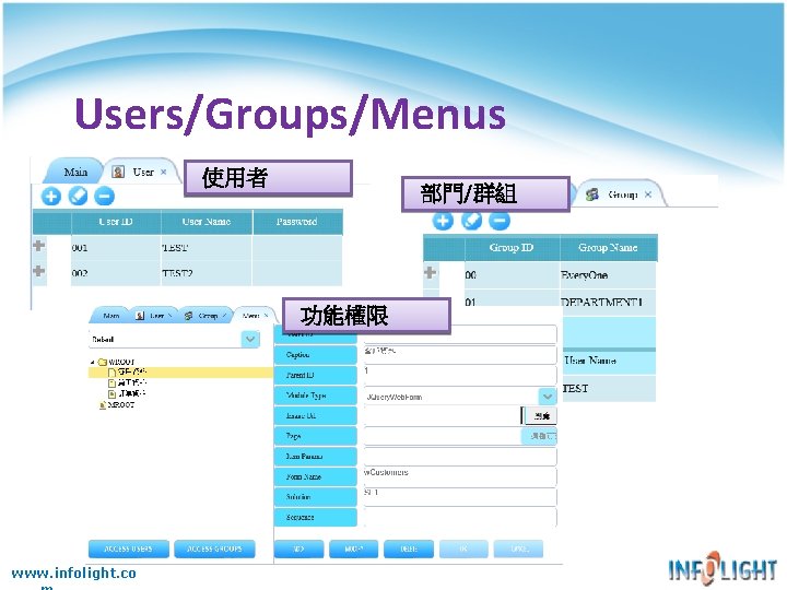Users/Groups/Menus 使用者 部門/群組 功能權限 www. infolight. co Users/Groups/Menus 使用者 部門/群組 功能權限 www. infolight. co