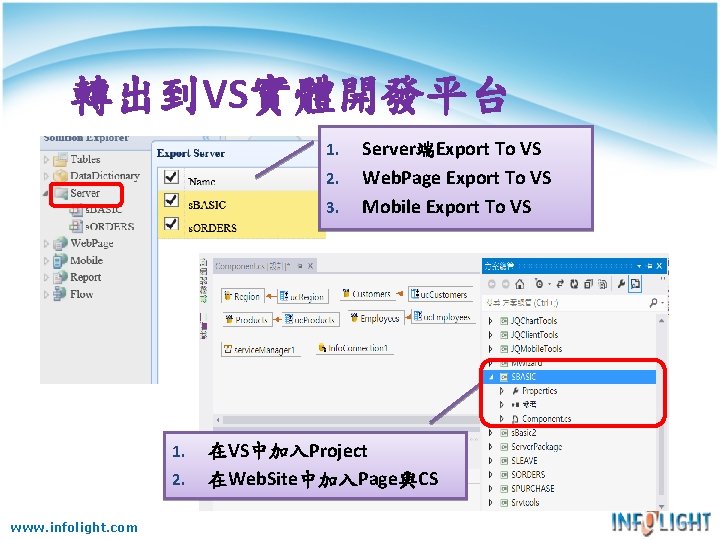轉出到VS實體開發平台 1. 2. 3. 1. 2. www. infolight. com Server端Export To VS Web. Page 轉出到VS實體開發平台 1. 2. 3. 1. 2. www. infolight. com Server端Export To VS Web. Page
