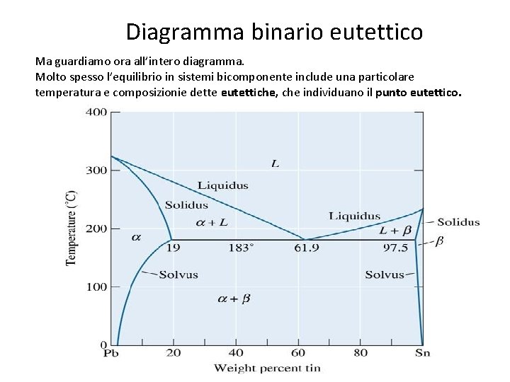 Diagramma binario eutettico Ma guardiamo ora all’intero diagramma. Molto spesso l’equilibrio in sistemi bicomponente