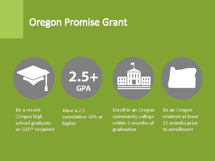 Oregon Promise Grant Be a recent Oregon high school graduate or GED® recipient Have