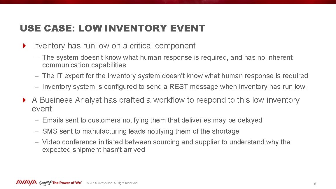 USE CASE: LOW INVENTORY EVENT 4 Inventory has run low on a critical component