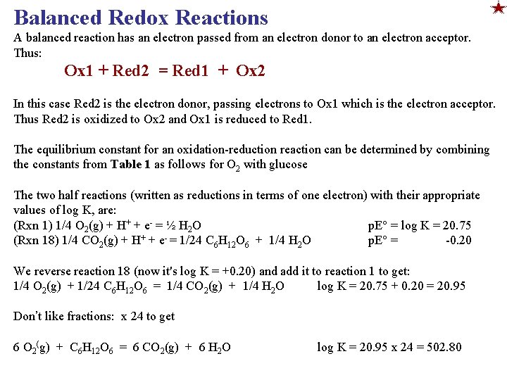 Balanced Redox Reactions A balanced reaction has an electron passed from an electron donor