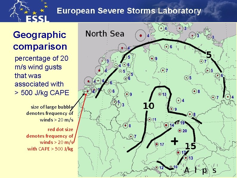 Geographic comparison percentage of 20 m/s wind gusts that was associated with > 500