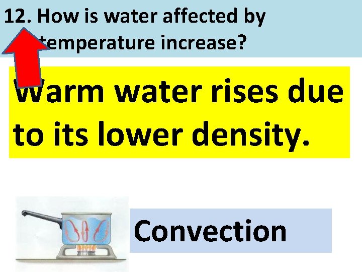 12. How is water affected by temperature increase? Warm water rises due to its