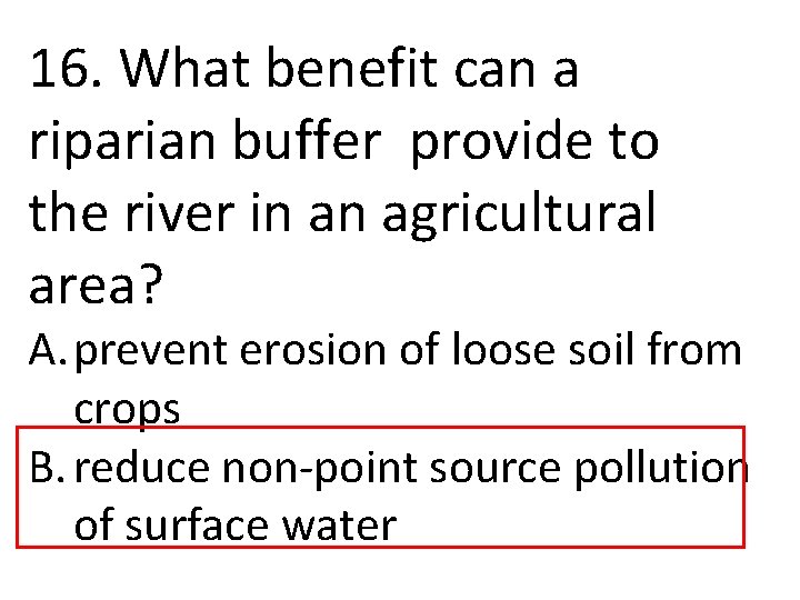 16. What benefit can a riparian buffer provide to the river in an agricultural