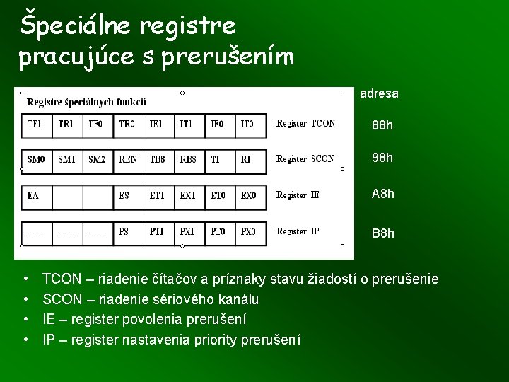 Špeciálne registre pracujúce s prerušením adresa 88 h 98 h A 8 h B Špeciálne registre pracujúce s prerušením adresa 88 h 98 h A 8 h B