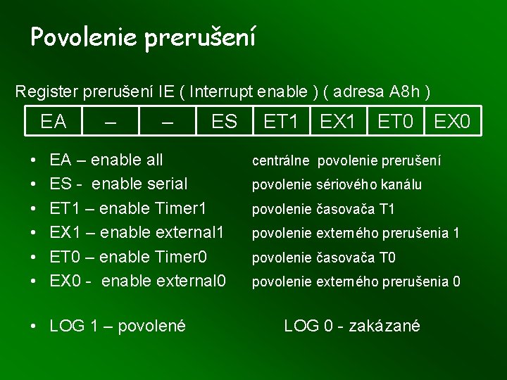 Povolenie prerušení Register prerušení IE ( Interrupt enable ) ( adresa A 8 h Povolenie prerušení Register prerušení IE ( Interrupt enable ) ( adresa A 8 h