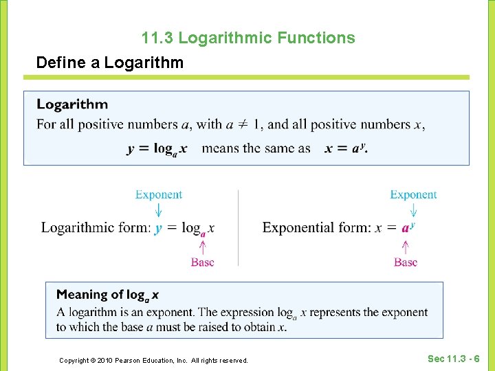 11. 3 Logarithmic Functions Define a Logarithm Copyright © 2010 Pearson Education, Inc. All