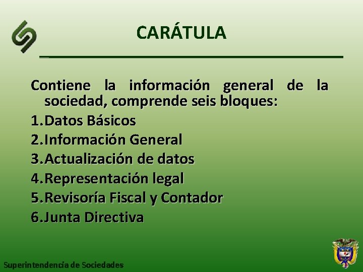 CARÁTULA Contiene la información general de la sociedad, comprende seis bloques: 1. Datos Básicos