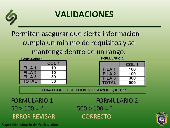 VALIDACIONES Permiten asegurar que cierta información cumpla un mínimo de requisitos y se mantenga