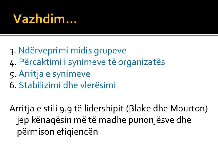 Vazhdim… 3. Ndërveprimi midis grupeve 4. Përcaktimi i synimeve të organizatës 5. Arritja e