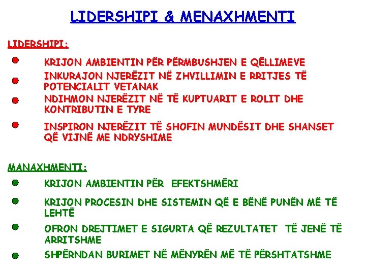 LIDERSHIPI & MENAXHMENTI LIDERSHIPI: KRIJON AMBIENTIN PËRMBUSHJEN E QËLLIMEVE INKURAJON NJERËZIT NË ZHVILLIMIN E
