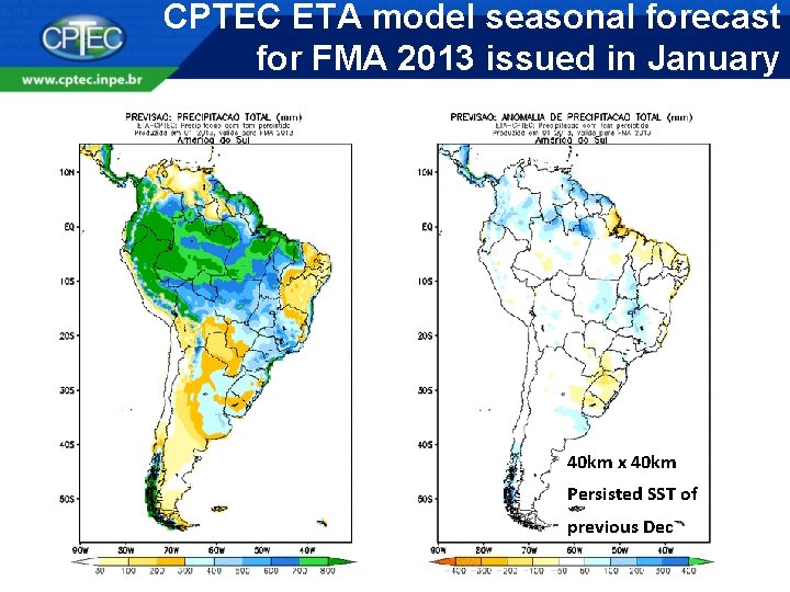 CPTEC ETA model seasonal forecast for FMA 2013 issued in January 40 km x