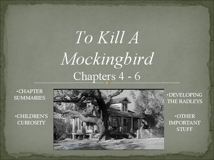 To Kill A Mockingbird Chapters 4 - 6 • CHAPTER SUMMARIES • CHILDREN’S CURIOSITY