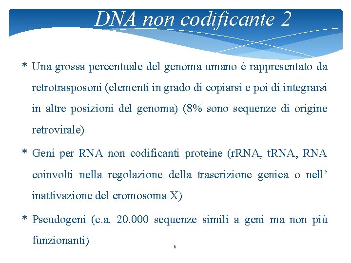DNA non codificante 2 * Una grossa percentuale del genoma umano è rappresentato da