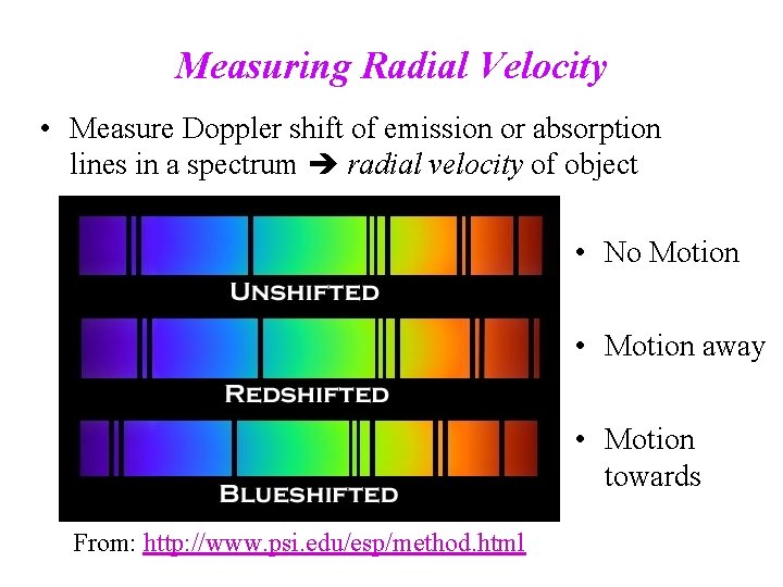 Measuring Radial Velocity • Measure Doppler shift of emission or absorption lines in a Measuring Radial Velocity • Measure Doppler shift of emission or absorption lines in a
