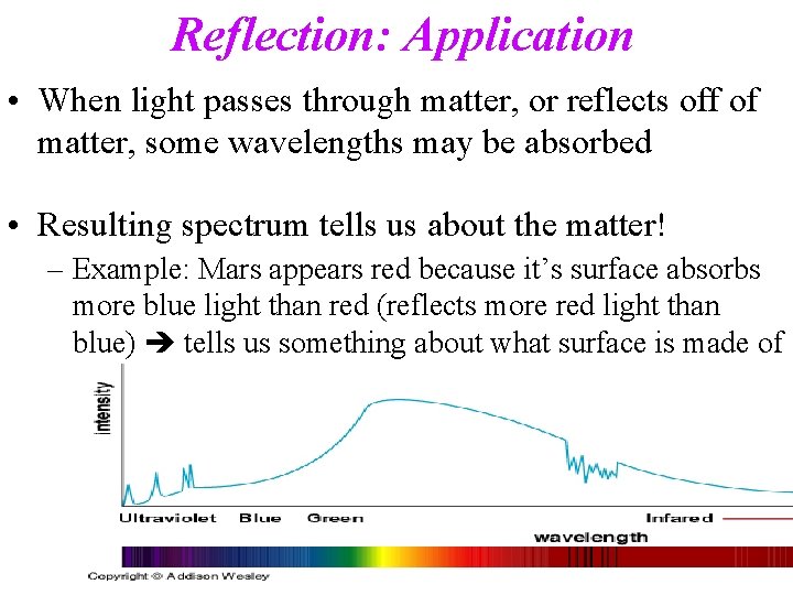 Reflection: Application • When light passes through matter, or reflects off of matter, some Reflection: Application • When light passes through matter, or reflects off of matter, some