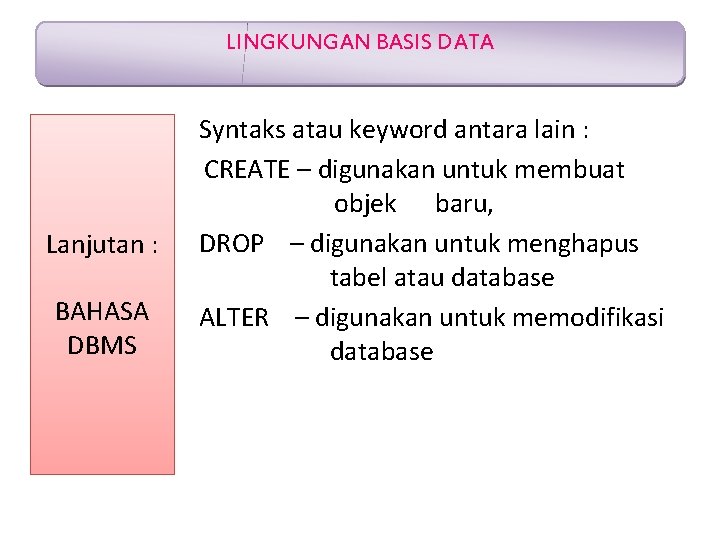 LINGKUNGAN BASIS DATA Lanjutan : BAHASA DBMS Syntaks atau keyword antara lain : CREATE