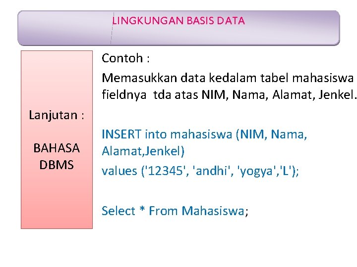 LINGKUNGAN BASIS DATA Contoh : Memasukkan data kedalam tabel mahasiswa fieldnya tda atas NIM,