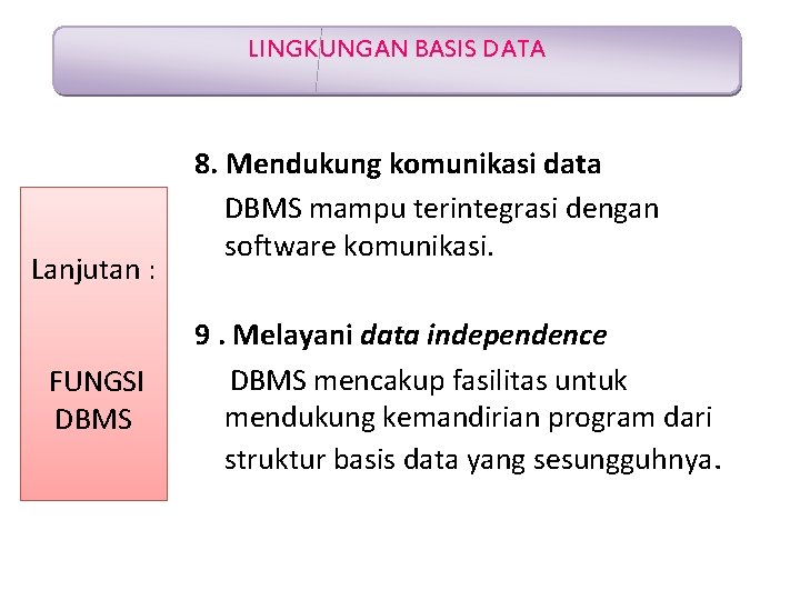 LINGKUNGAN BASIS DATA Lanjutan : FUNGSI DBMS 8. Mendukung komunikasi data DBMS mampu terintegrasi