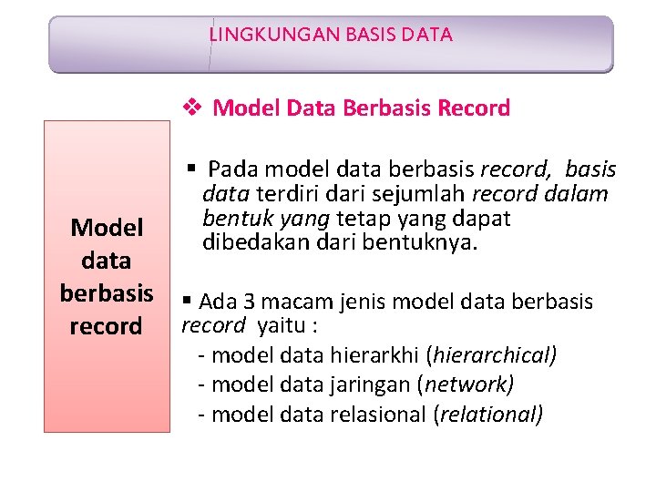 LINGKUNGAN BASIS DATA v Model Data Berbasis Record Model data berbasis record § Pada