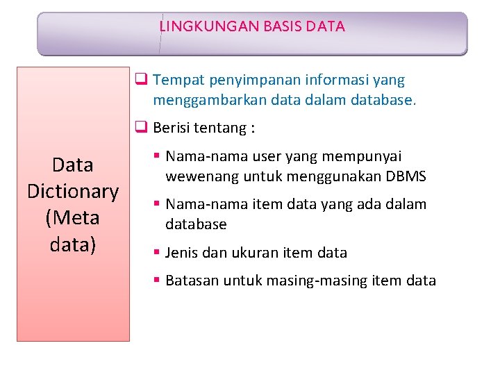 LINGKUNGAN BASIS DATA q Tempat penyimpanan informasi yang menggambarkan data dalam database. q Berisi