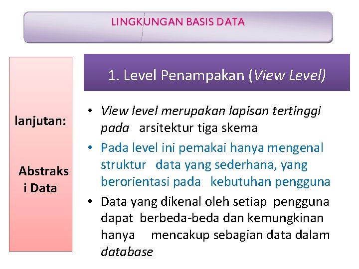 LINGKUNGAN BASIS DATA 1. Level Penampakan (View Level) lanjutan: Abstraks i Data • View