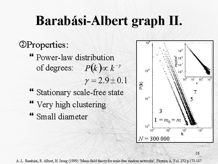 Barabási-Albert graph II. Properties: } Power-law distribution of degrees: } Stationary scale-free state }