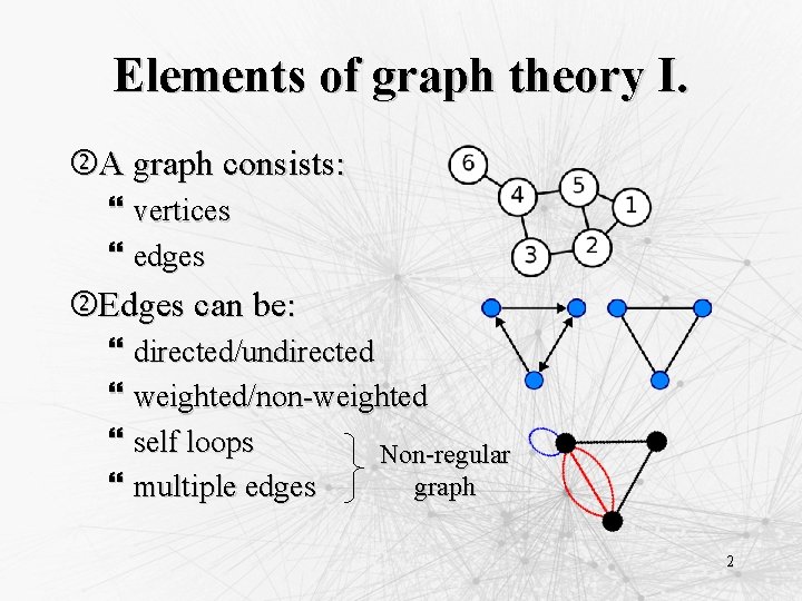 Elements of graph theory I. A graph consists: } vertices } edges Edges can