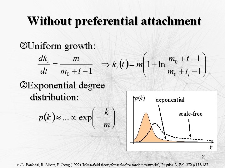 Without preferential attachment Uniform growth: Exponential degree distribution: p(k) exponential scale-free k 21 A.