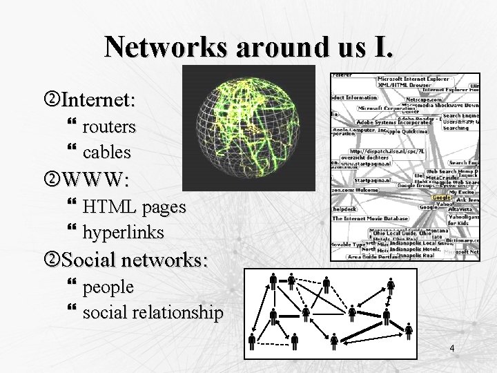 Networks around us I. Internet: } routers } cables WWW: } HTML pages }