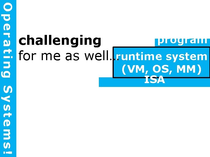 Operating Systems! program challenging for me as well…runtime system (VM, OS, MM) ISA (architecture)