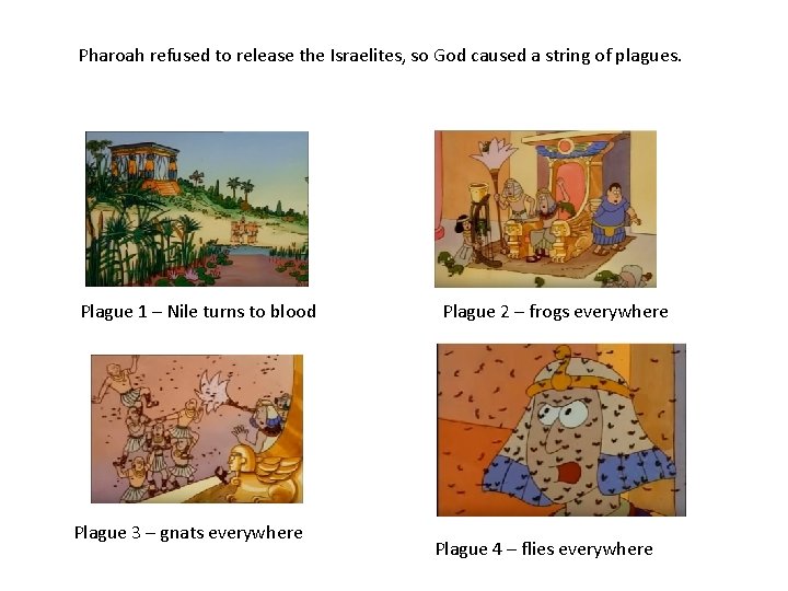 Pharoah refused to release the Israelites, so God caused a string of plagues. Plague