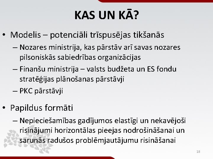 KAS UN KĀ? • Modelis – potenciāli trīspusējas tikšanās – Nozares ministrija, kas pārstāv KAS UN KĀ? • Modelis – potenciāli trīspusējas tikšanās – Nozares ministrija, kas pārstāv
