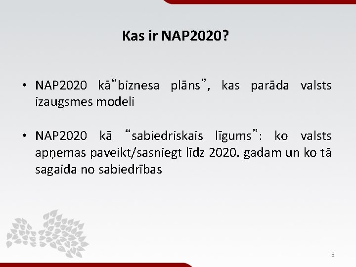 Kas ir NAP 2020? • NAP 2020 kā“biznesa plāns”, kas parāda valsts izaugsmes modeli Kas ir NAP 2020? • NAP 2020 kā“biznesa plāns”, kas parāda valsts izaugsmes modeli