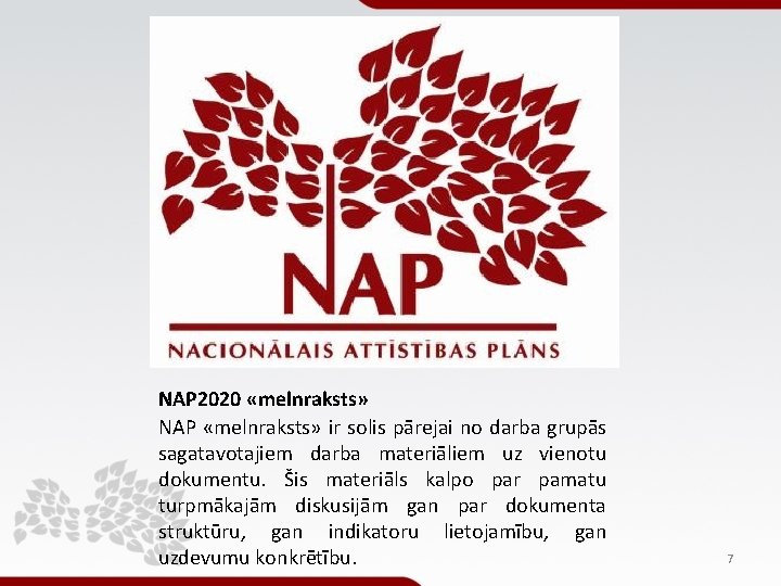 NAP 2020 «melnraksts» NAP «melnraksts» ir solis pārejai no darba grupās sagatavotajiem darba materiāliem NAP 2020 «melnraksts» NAP «melnraksts» ir solis pārejai no darba grupās sagatavotajiem darba materiāliem