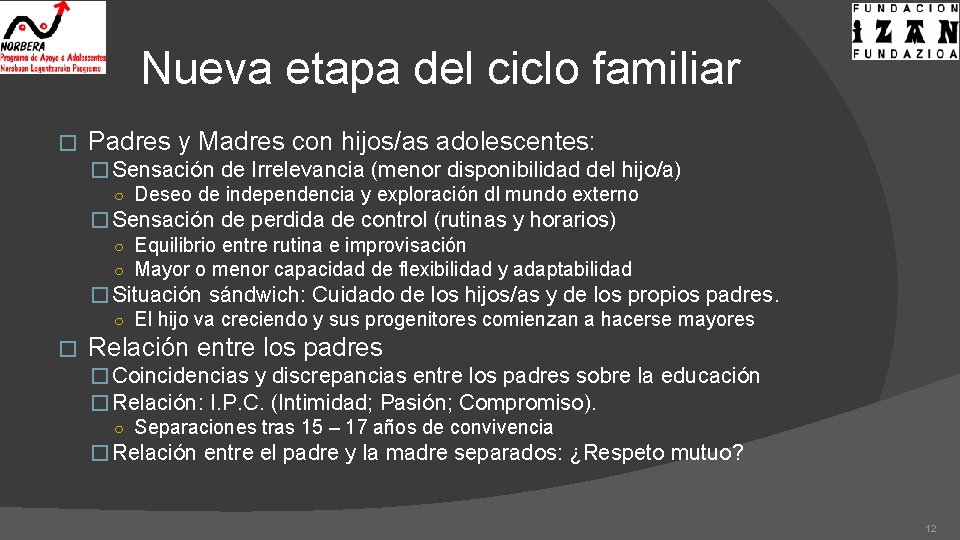 Nueva etapa del ciclo familiar � Padres y Madres con hijos/as adolescentes: � Sensación