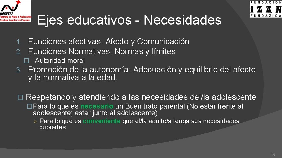 Ejes educativos - Necesidades Funciones afectivas: Afecto y Comunicación Funciones Normativas: Normas y límites