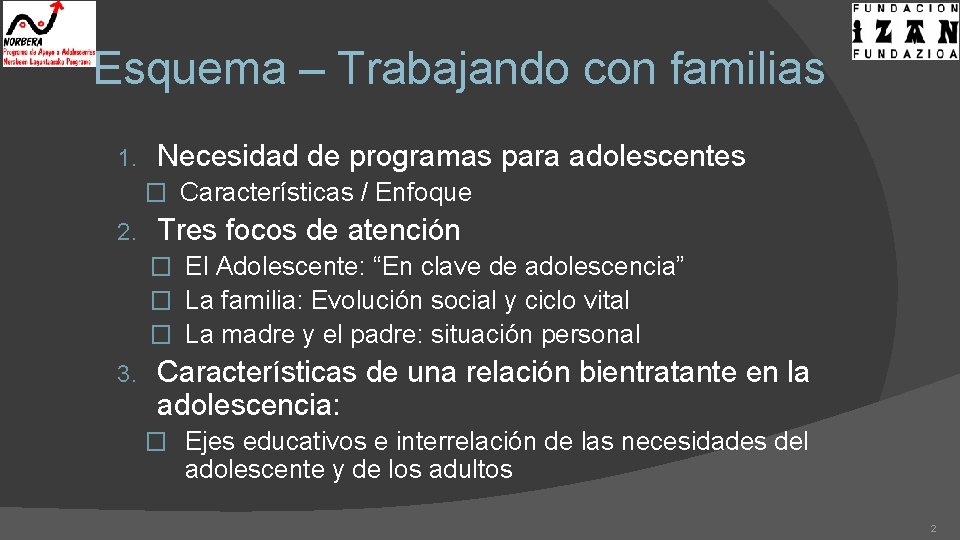 Esquema – Trabajando con familias 1. Necesidad de programas para adolescentes � Características /