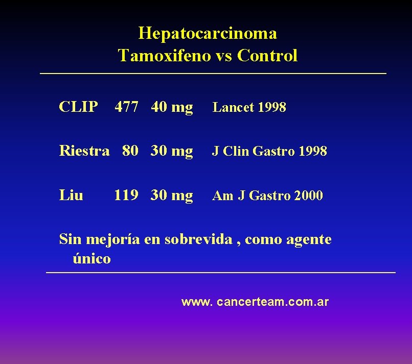 Hepatocarcinoma Tamoxifeno vs Control CLIP 477 40 mg Lancet 1998 Riestra 80 30 mg